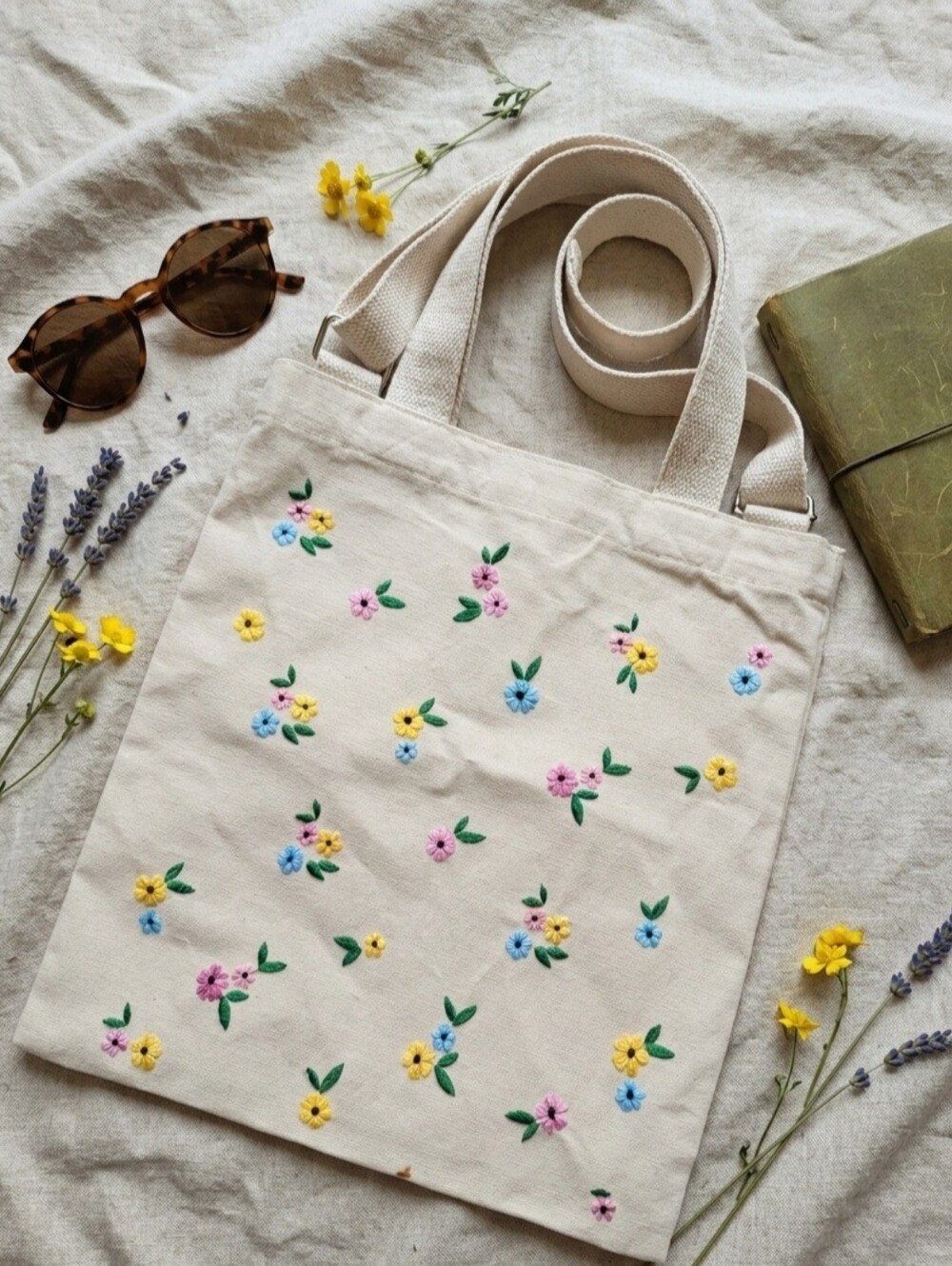 100% Cotton Embroidered Ditsy Floral Canvas Tote Bag Crossbody Cream